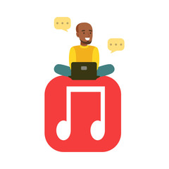 Sticker - Young black man sitting on a big mobile musical app symbol and using his laptop colorful character vector Illustration