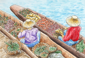 Thai traditional floating market. Two persons selling fruit and vegetables from a boats.