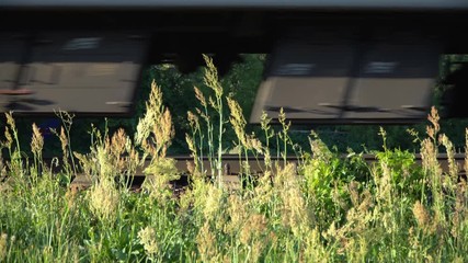 Wall Mural -  passenger train fast running to the sunset