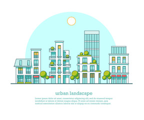 Wall Mural - City landscape. Real estate and construction business concept with houses. Line style. Vector illustration.