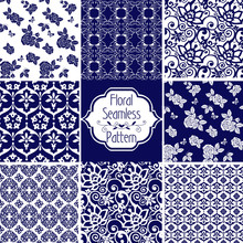 Set Of Victorian Damask Seamless Patterns With Rose. Vintage Flowers Seamless Ornament Blue And White. Decorative Ornament Backdrop For Fabric, Textile, Wrapping Paper