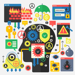 Aufkleber - Online communication security, computer protection and cyber security concept on the head profile silhouetter. Vector infographics web banner.