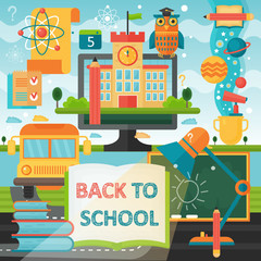 Aufkleber - Back to School education banner with book, bus, lamp and education icons. Vector Flat Illustration. School Education Concept. Vector illustration.