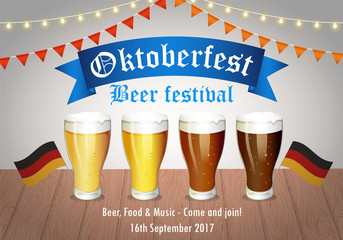 Wall Mural - Oktoberfest beer festival - vector illustration with 4 beer glass with different kind of beer on the table, German flags and hanging party decoration