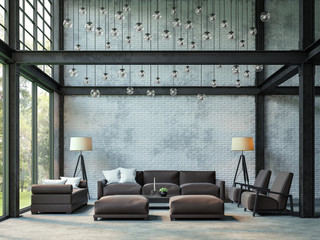 Loft style living room 3d rendering image.There are white brick wall,polished concrete floor and black steel structure.There are large windows look out to see the nature