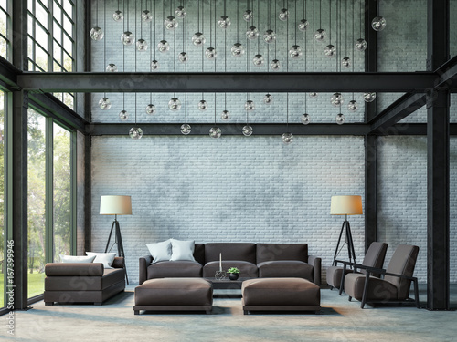 Loft Style Living Room 3d Rendering Image There Are White Brick