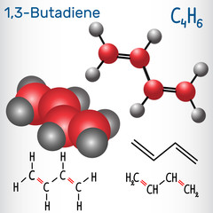 Poster - 1,3-Butadiene (divinyl) molecule - structural chemical formula and model. Used in the production of synthetic rubber