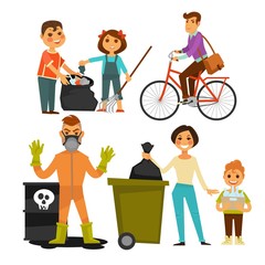 People removing garbage on street ecology protection vector flat icons