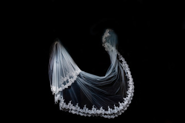 wedding white bridal veil on black background isolated