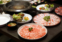 Thinly Sliced Of Raw Pork For Japanese Hot Pot Also Known As Shabu Shabu Or Sukiyaki Is Japanese Style.