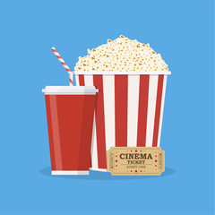 Wall Mural - Popcorn with cup of soda and cinema ticket.