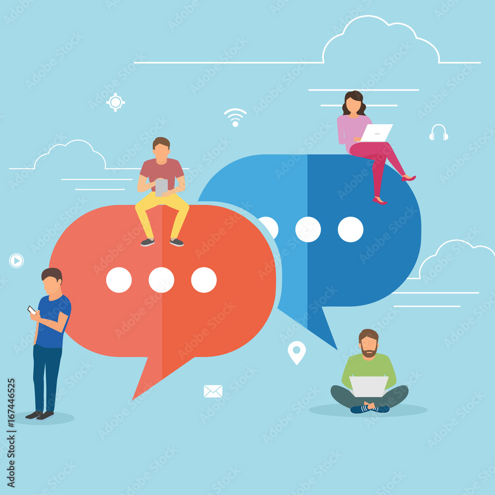 Speech bubbles for comment anf reply concept flat vector illustration of young people using mobile smartphone for texting and leaving comments in social networks. Guys and women sitting on big symbols - obrazy, fototapety, plakaty 