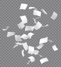 Group Of Flying Or Falling Vector White Papers Isolated On Transparent Background