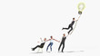 © nosorogua - Concept of a successful team idea A light bulb that pulls people up 3d render on white