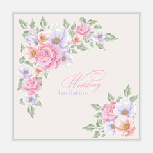 Greeting Card With Bouquet Flowers For Wedding, Birthday And Other Holidays. Floral  Frame 