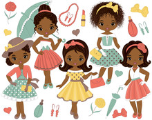 Vector Set With Cute Little African American Girls In Retro Style