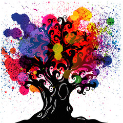 Wall Mural - old grunge tree with crimped branches, a hollow, knotty roots. tattoos, doodling style. element for 