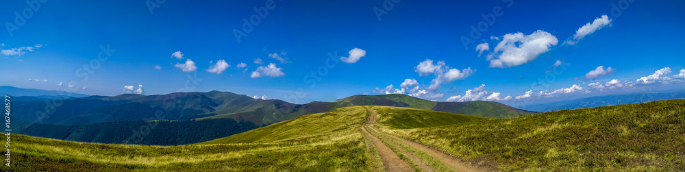 Panorama landscape view in the Ukrainian Carpathian mounrains - obrazy, fototapety, plakaty 