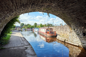 A boat on Brecon canal basin Powys Wales UK