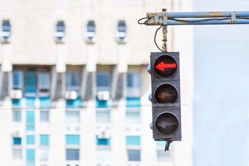 Red left sign traffic lights in chisinau city streets, moldova, sunny day