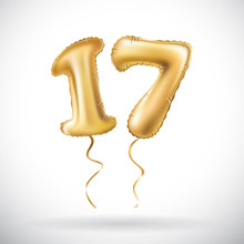 Vector Golden Number 17 Seventeen Metallic Balloon. Party Decoration Golden Balloons. Anniversary Sign For Happy Holiday, Celebration, Birthday, Carnival, New Year.