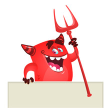 Cartoon Red Devil Monster Holding Blank Wooden Board Or Placard. Vector Monster Character Illustration. Halloween Design