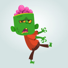 Vector Cartoon Image Of A Funny Green Zombie With Big Head In Brown Pants And Red T-shirt Walking To The Right And Smiling On A Light Gray Background. Vector Illustration.
