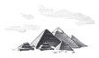 Great Pyramids of Egypt, Graphic linear tonal drawing by slate pencil.  Isolated on white background