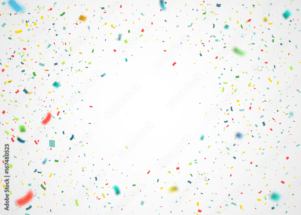 Colorful confetti falling randomly. Abstract background with explosion particles. Vector illustration can be used for greeting card, carnival, celebration. - obrazy, fototapety, plakaty 