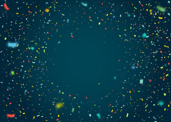 Colorful confetti falling randomly. Abstract blue background with explosion particles. Vector illustration can be used for greeting card, carnival, celebration.