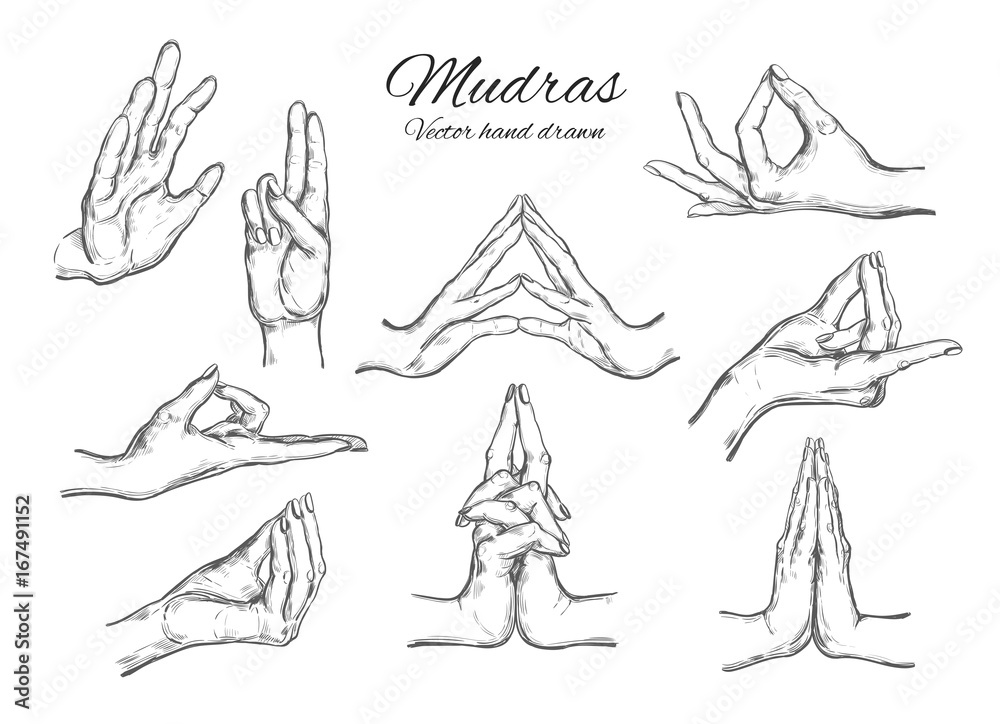 Vector hand drawn set of 9 mudras. Isolated on white. Yoga. Spirituality - obrazy, fototapety, plakaty 