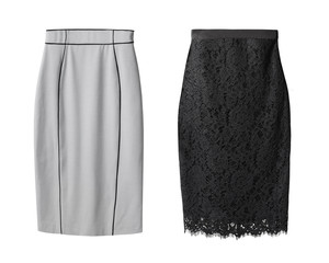 Wall Mural - 2 office pencil business skirt s with black lace and gray cotton isolated on white
