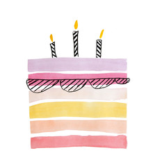Watercolor Cake For Birthday With Three Candles