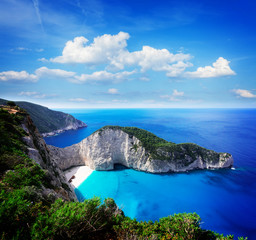 Navagio beach, famous summer vacations landscape of Zakinthos island, Greece, retro toned