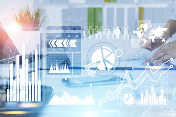 Poster - Woman with a graph in office, HUD, infographics