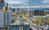Fototapeta  - Downtown Seattle City Streets and Olympic Mountains