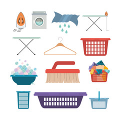 Wall Mural - white background of colorful set elements of laundry and cleaning items of wash machine