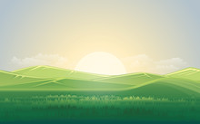 Summer Green Meadow And Mountain Landscape With Sunset. Vector Illustration