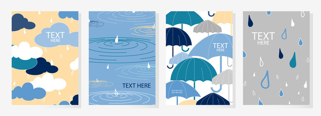 Wall Mural - Set of 4 happy rainy day covers design. Cute poster in pastel tone. Vector illustration.