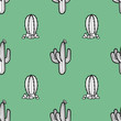 2 styles of cactus in black outline and white plane on retro green background. Seamless pattern vector illustration.