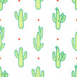 3 styles of colorful cactus in green outline and yellow plane with red dot on white background. Seamless pattern vector illustration.