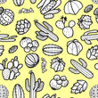 Succulents and cactus in black outline on pastel yellow background. Seamless pattern vector illustration.