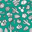 Succulents and cactus in black outline on retro green background. Seamless pattern vector illustration.