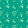 Succulents in pastel yellow outline and pastel pink dot on green background. Seamless pattern vector illustration.