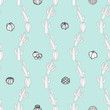 Vertical striped of light gray outline cactus and black outline succulents on pastel blue background. Seamless pattern vector illustration.