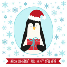 Cute Retro Card With Funny Cartoon Character Of Penguin