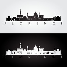 Florence Skyline And Landmarks Silhouette, Black And White Design, Vector Illustration.