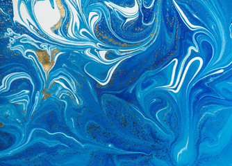  Marbled blue and golden abstract background. Liquid marble pattern
