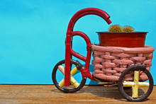 Original And Creative Bike Or Tricycle  Flowerpot With A Cactus, Beside View Isolated On Blue And Wooden Background.