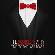 Illustration Of The Bachelor Party Invitation Template. Realistic 3D Vector Black Suit With Bow Tie